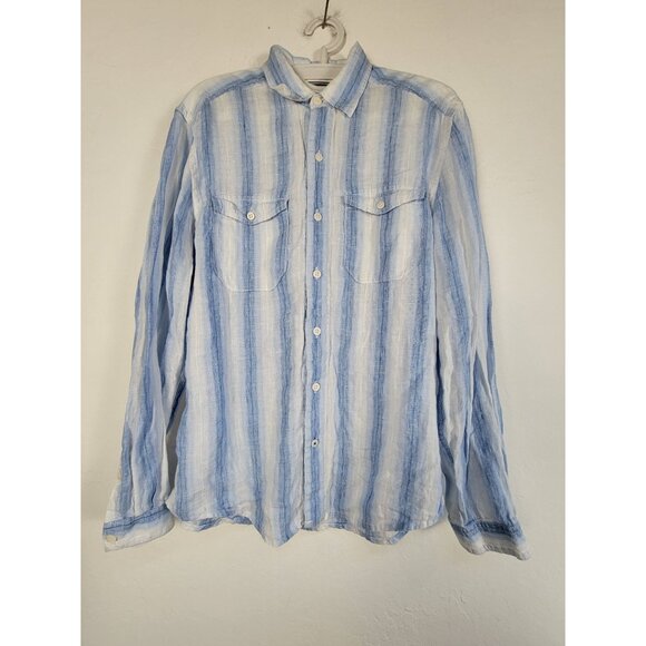 Tommy Bahama Relax Mens Blue White Striped Linen Button-Up Shirt Small Pockets - Picture 1 of 8
